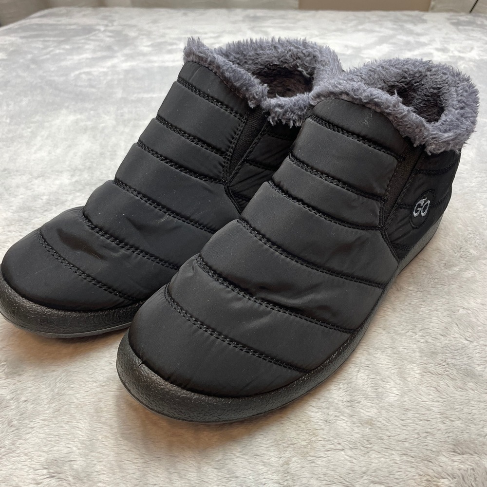GO Womens Quilted Puffer Ankle Boots Size 10 Black Faux Fur Lined Winter Cozy